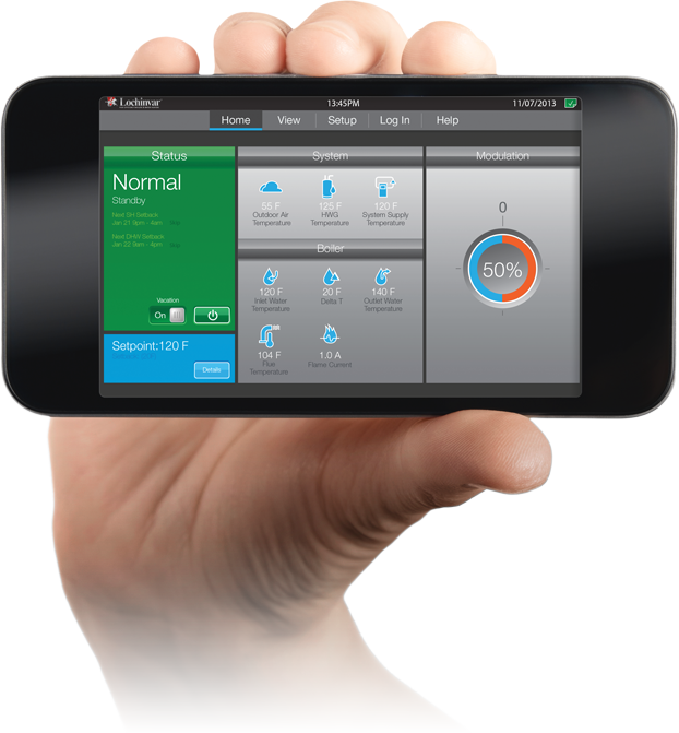 The CON·X·US mobile application on a smartphone, showing boiler status, system temperatures and modulation